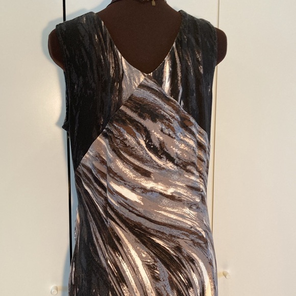 NICE +ZOE abstract neutral color sleeveless cinched dress L - Picture 5 of 16